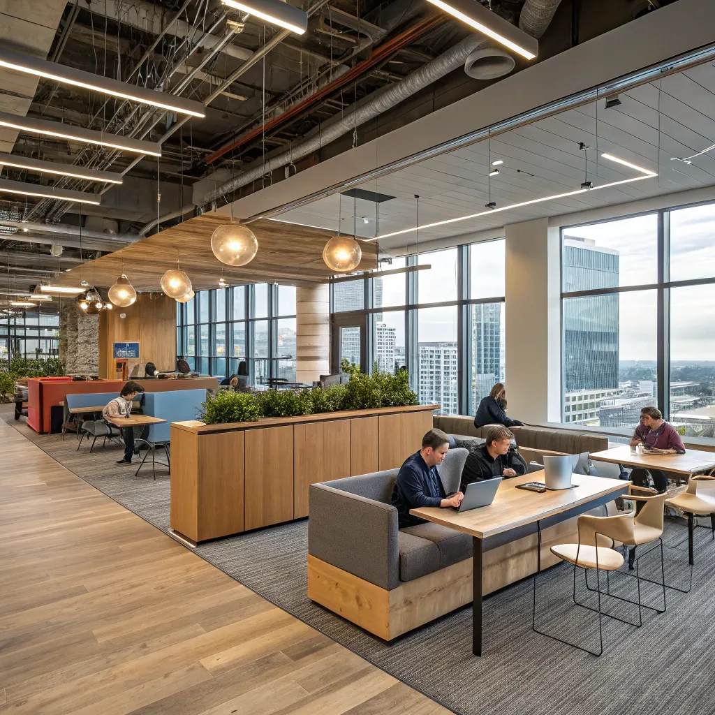 Open-concept workspace with collaborative areas designed by MARONETH