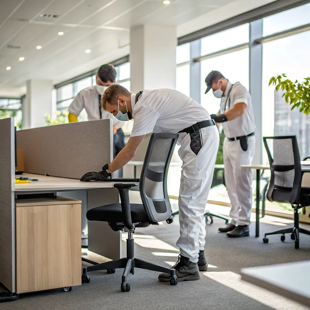 Professional team assembling office furniture